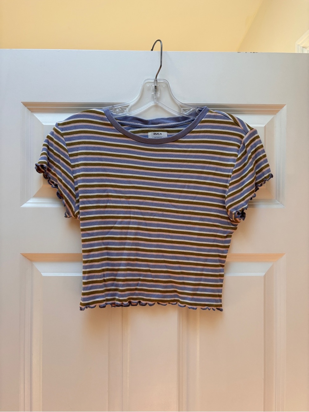 RVCA Olive Green & Lavender Striped Ruffle-Edge Crop Top